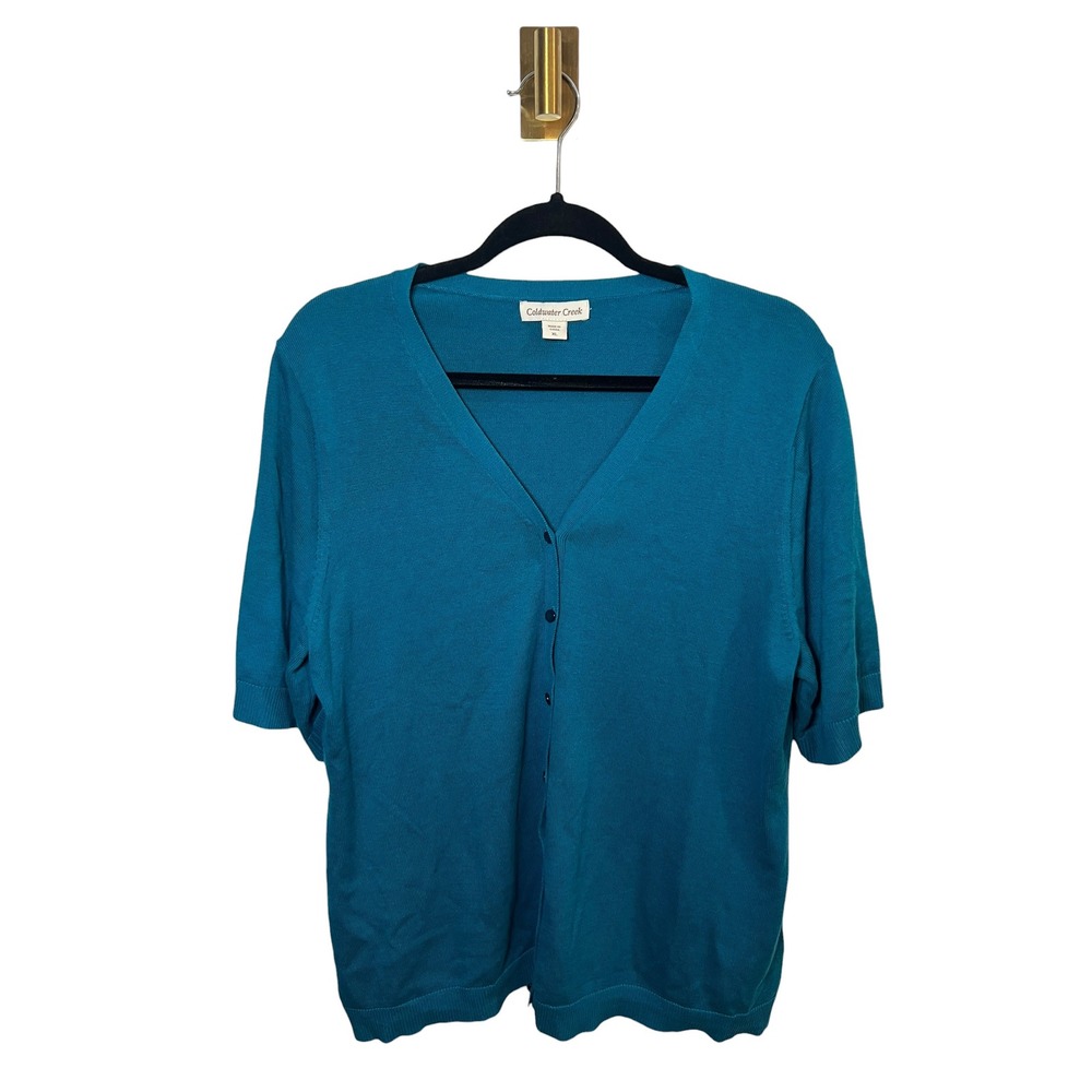 Coldwater Creek Grandmacore Cotton Blend Cardigan Teal Minimalist V-Neck Knit XL